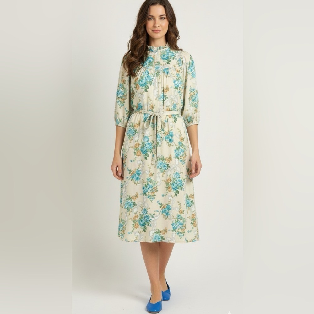 Vintage Floral Cream Dress With Rope Belt